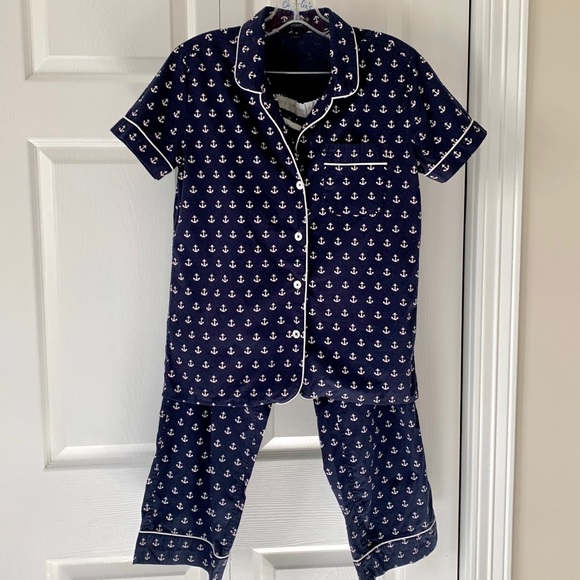 J. Crew Pajamas set shirt and pants, short sleeves, Navy Anchors pattern sz XS - Picture 3 of 15